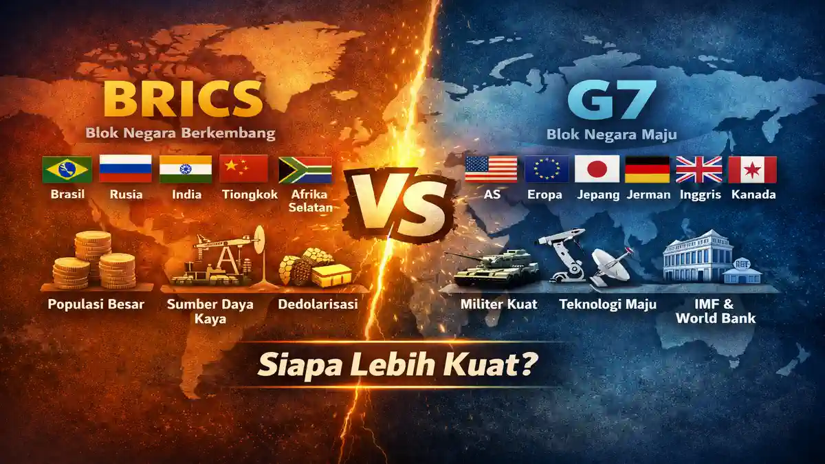 Infographic comparing BRICS and G7 nations' strengths and characteristics.