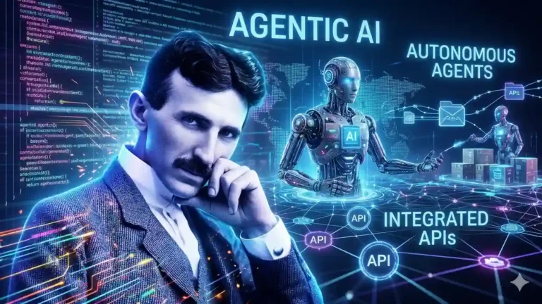 Visualisasi tek nologi Agentic AI: Nikola Tesla berpikir di depan asisten robot otonom dan jaringan API terintegrasi dengan pencahayaan elektrik.