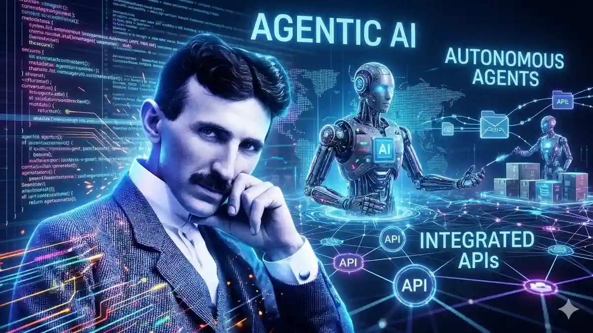 Revolusi Tek nologi Agentic AI dan Asisten Otonom Visualisasi tek nologi Agentic AI: Nikola Tesla berpikir di depan asisten robot otonom dan jaringan API terintegrasi dengan pencahayaan elektrik.