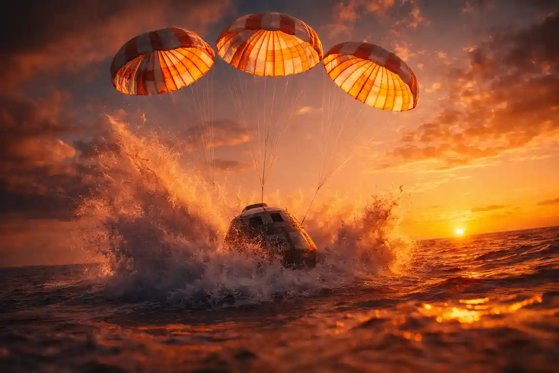 artemis capsule splashdown parachute ocean landing 16x9 (1) Kapsul luar angkasa mendarat di laut saat matahari terbenam dengan parasut.