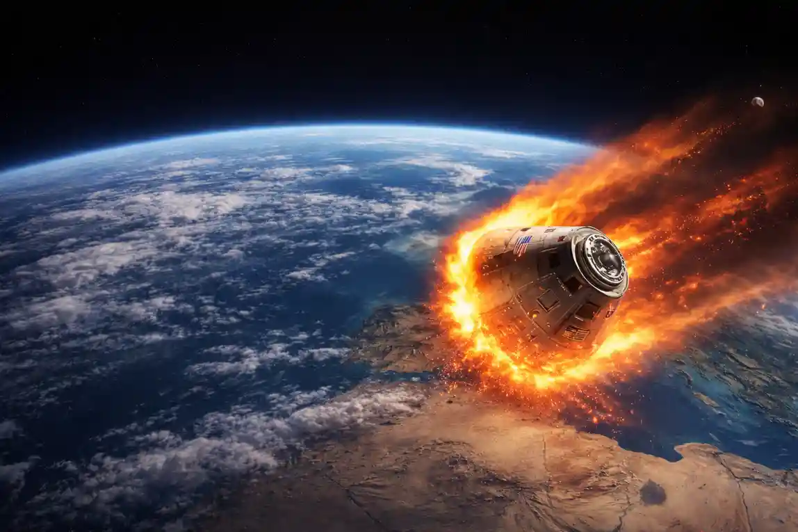 Proses Re-entry Kapsul Artemis II Saat Memasuki Atmosfer Bumi Pesawat ruang angkasa masuk kembali ke atmosfer Bumi terbakar