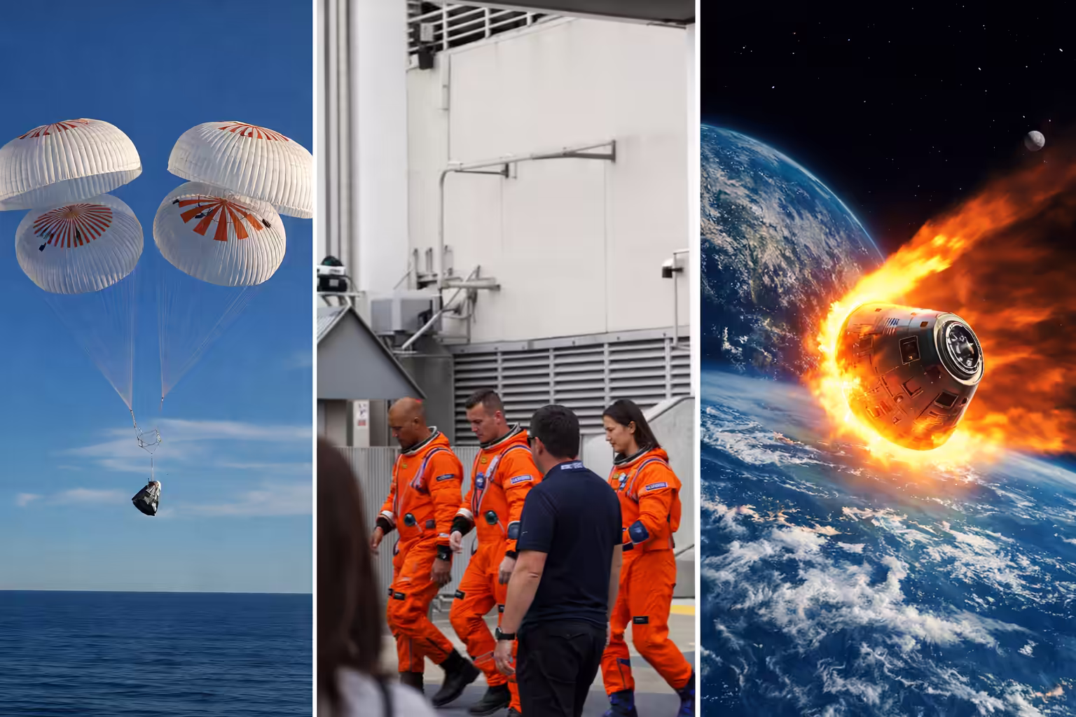 Perjalanan luar angkasa: kapsul mendarat, astronaut, dan kapsul masuk atmosfer.