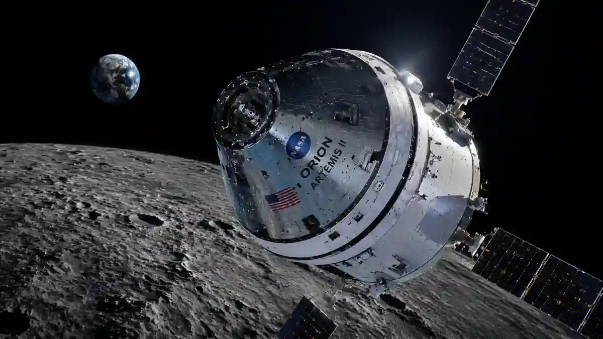 Pesawat ruang angkasa Orion Artemis II mengelilingi Bulan dengan Bumi.