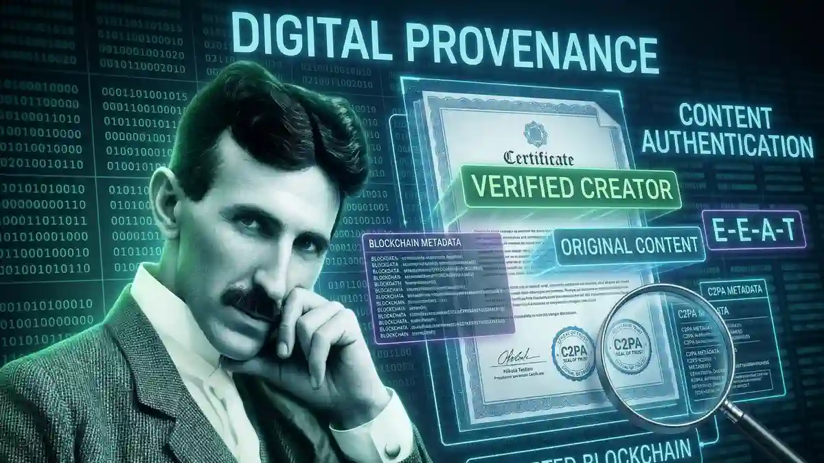 Tek nologi Digital Provenance dan Keaslian Konten AI Visualisasi tek nologi Digital Provenance: Nikola Tesla mengamati sertifikat digital asli dengan stempel C2PA, label Verified Creator, dan grid blockchain hijau.