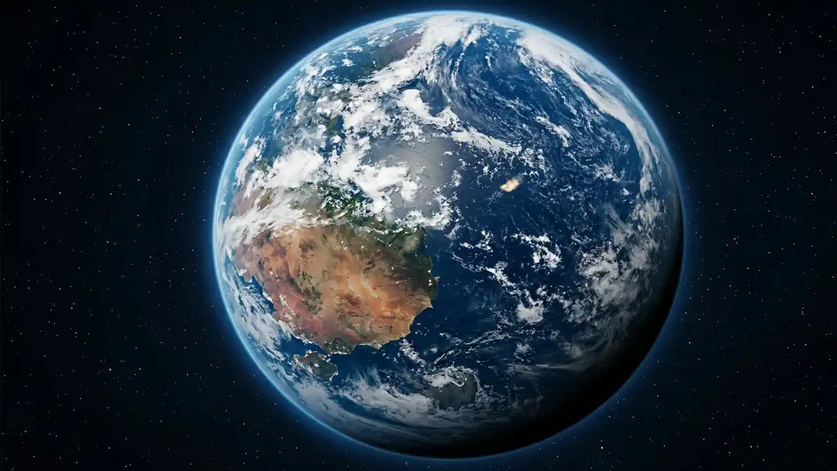 The Blue Marble 2026: Earth from Artemis II Planet Bumi terlihat sebagai bola biru yang sangat tajam dan detail dengan awan putih dari perspektif jauh kapsul Orion.