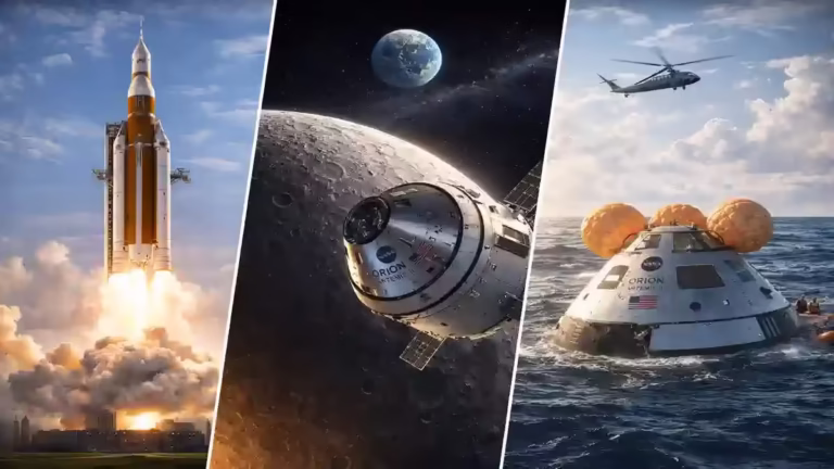 Misi Artemis: Peluncuran, orbit Bulan, dan pendaratan kapsul Orion.