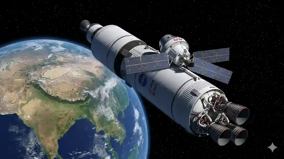 Orion Spacecraft in High Earth Orbit Kapsul Orion NASA yang masih menempel pada tahap atas roket ICPS dengan latar belakang lengkungan planet Bumi yang biru.