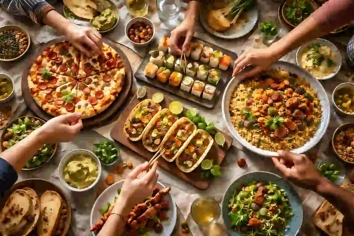 Foto flat lay (sudut pandang atas) meja makan berisi pizza, sushi, taco, dan berbagai makanan internasional yang dinikmati bersama.