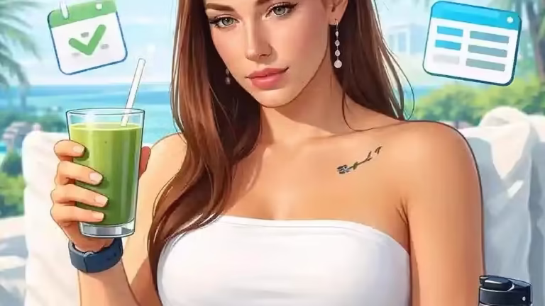panduan gaya hidup sehat Woman holding green smoothie with calendar icons and beach background.