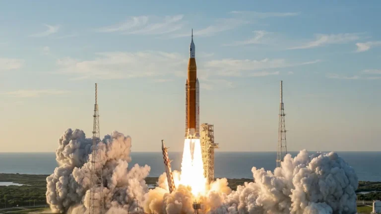 Roket SLS misi Artemis II meluncur dari Kennedy Space Center dengan lidah api raksasa dan awan asap putih.