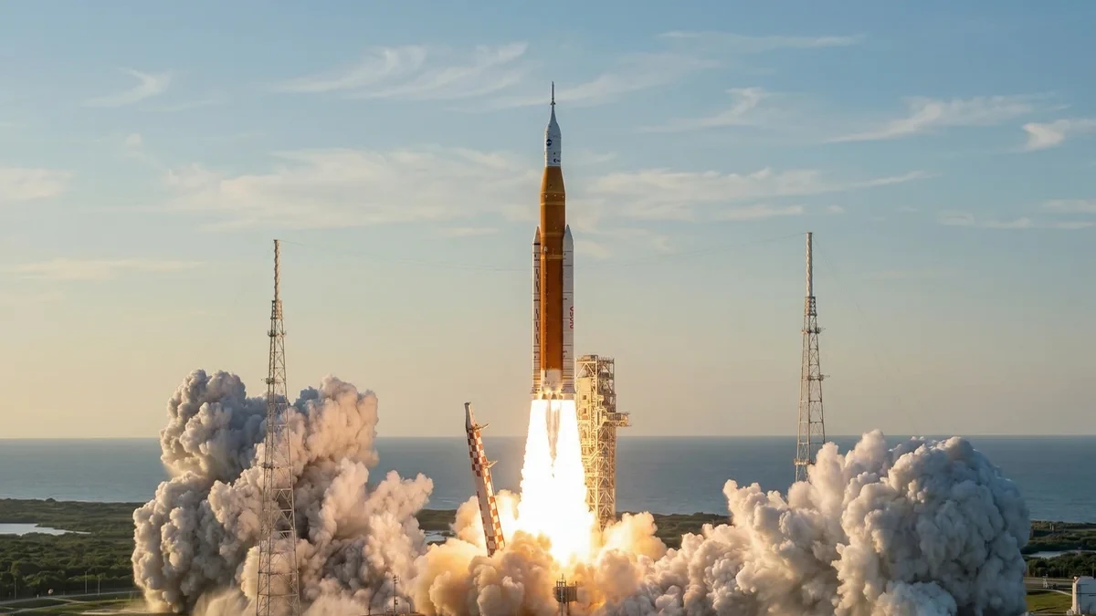 The Power of SLS: Liftoff Artemis II Roket SLS misi Artemis II meluncur dari Kennedy Space Center dengan lidah api raksasa dan awan asap putih.