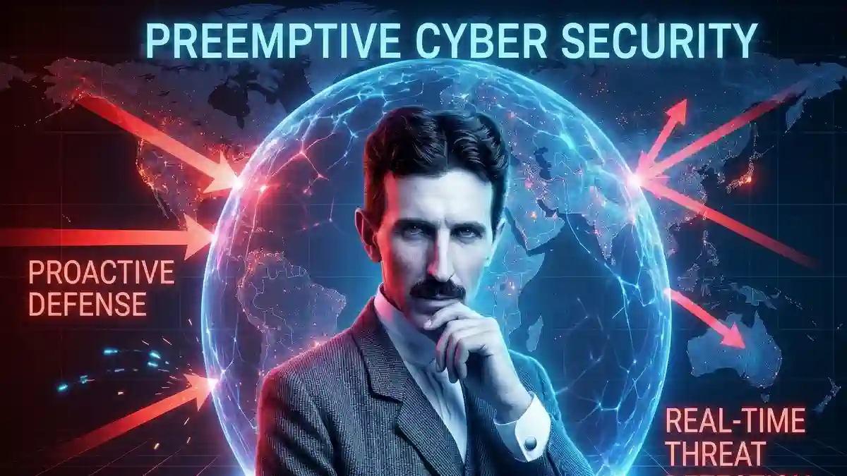 Pertahanan Proaktif Tek nologi Preemptive Cyber Security Visualisasi tek nologi Preemptive Cyber Security: Nikola Tesla protective di depan Peta Ancaman Real-Time global, dikelilingi perisai pertahanan AI biru.