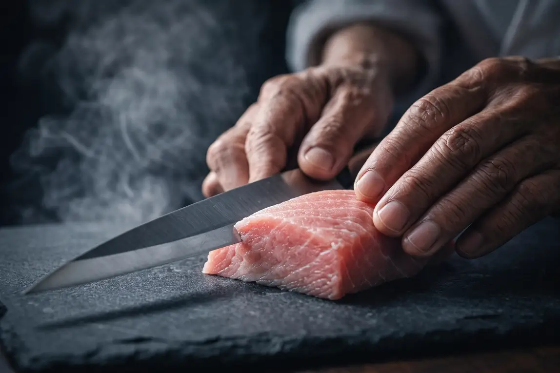 Close-up tangan koki sushi sedang mengiris ikan tuna segar (Otoro) menggunakan pisau tradisional Jepang dengan teknik presisi.