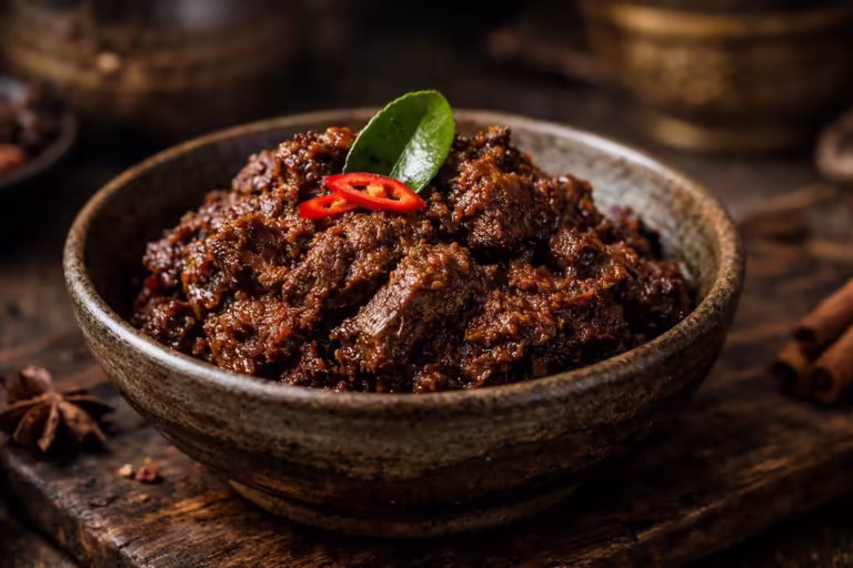 Close-up foto makro rendang daging sapi dengan bumbu karamel gelap yang kaya rempah di atas mangkuk keramik rustic.