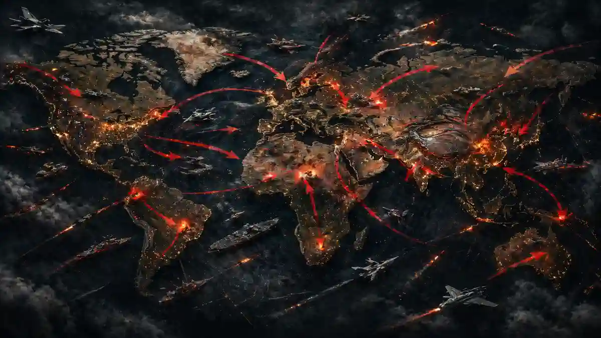 tanda tanda perang dunia 3 peta dunia dengan panah merah menunjukkan jalur konflik global dan ketegangan geopolitik