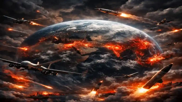 Ilustrasi ultra realistis bumi dikelilingi drone militer dan rudal, dengan zona konflik merah menyala dan awan dramatis yang mencerminkan ketegangan global