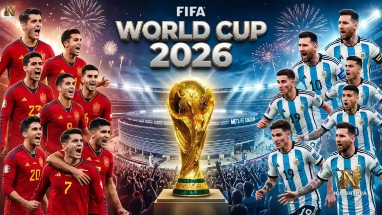 Piala Dunia FIFA 2026: Trofi, pemain Spanyol, Argentina, stadion, kembang api.