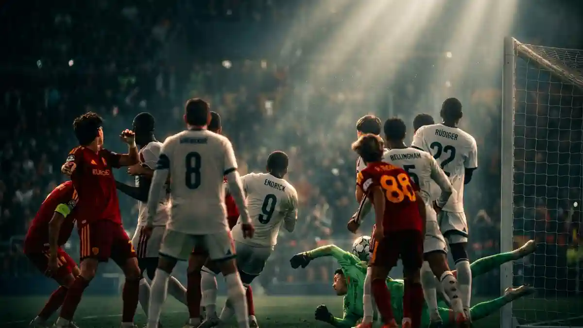 Momen intens pertandingan sepak bola di depan gawang dengan Endrick.